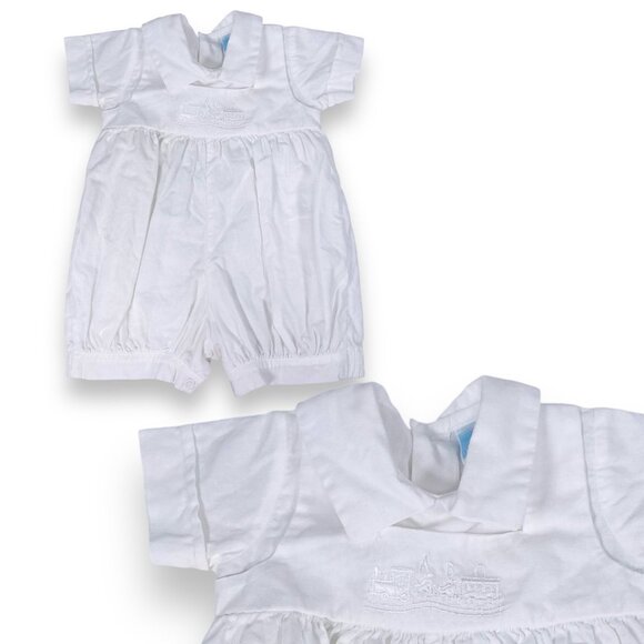 Vintage Baby Boy White Train Embroidered Bubble Shortalls Romper Outfit NB / 3m - Picture 1 of 11